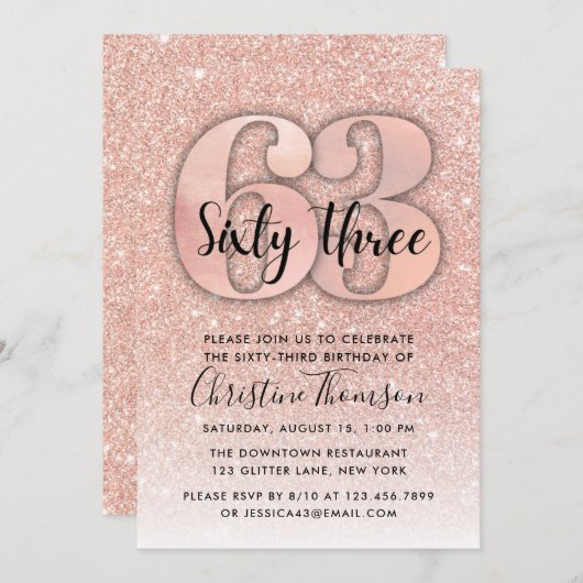 バラ金ゴールドグリッター63番目の誕生日招待状 招待状 (正面/裏面)