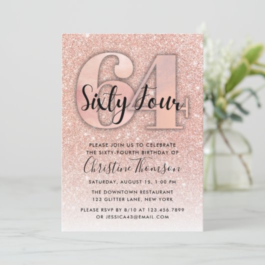 バラ金ゴールドグリッター64番目の誕生日招待状 招待状 (スタンド正面)