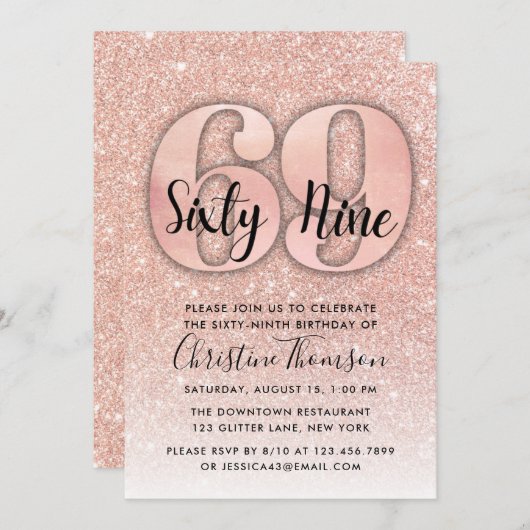 バラ金ゴールドグリッター69番目の誕生日招待状 招待状 (正面/裏面)