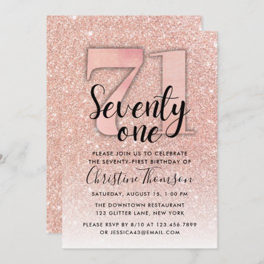 バラ金ゴールドグリッター71番目の誕生日招待状 招待状 (正面/裏面)