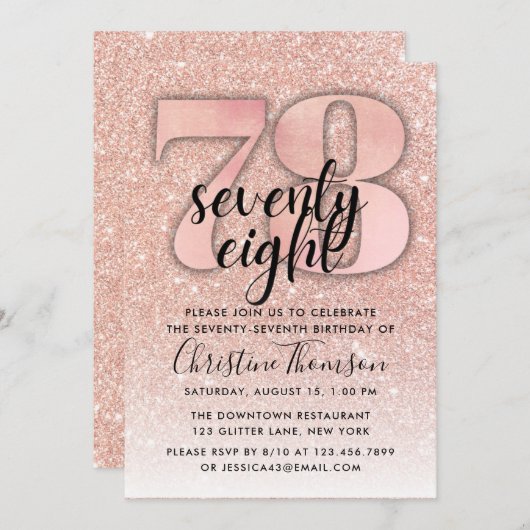 バラ金ゴールドグリッター78番目の誕生日招待状 招待状 (正面/裏面)