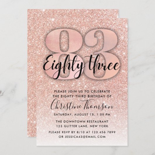バラ金ゴールドグリッター83番目の誕生日招待状 招待状 (正面/裏面)