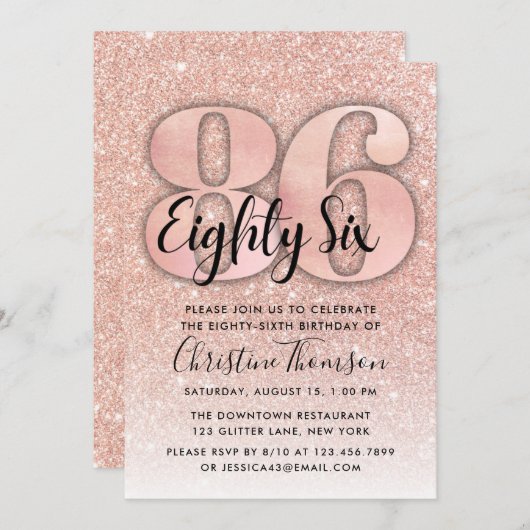 バラ金ゴールドグリッター86番目の誕生日招待状 招待状 (正面/裏面)