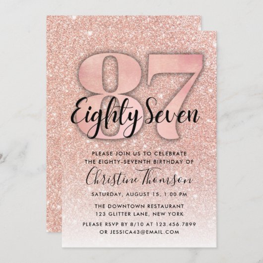 バラ金ゴールドグリッター87番目の誕生日招待状 招待状 (正面/裏面)