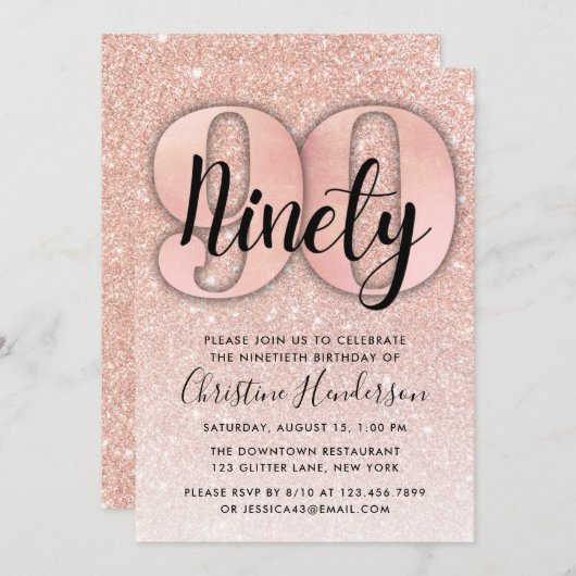 バラ金ゴールドグリッター90番目の誕生日招待状 招待状 (正面/裏面)