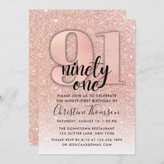 バラ金ゴールドグリッター91番目の誕生日招待状 招待状 (正面/裏面)