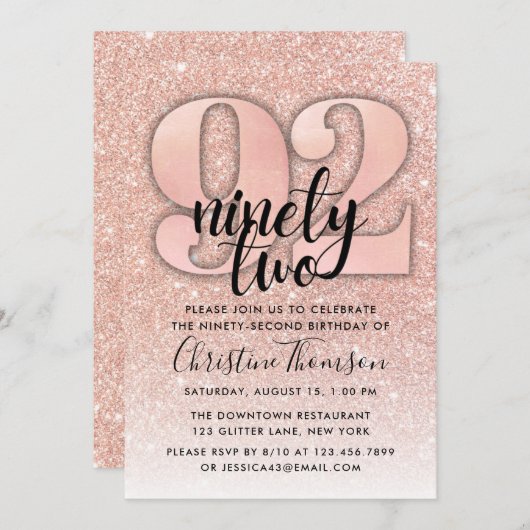 バラ金ゴールドグリッター92番目の誕生日招待状 招待状 (正面/裏面)