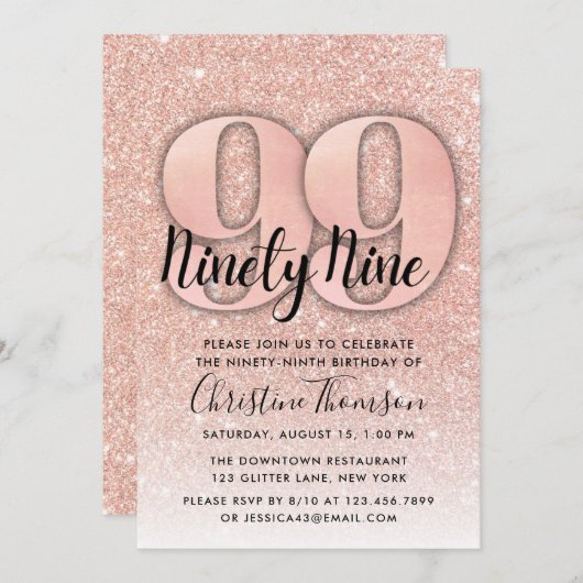 バラ金ゴールドグリッター99番目の誕生日招待状 招待状 (正面/裏面)