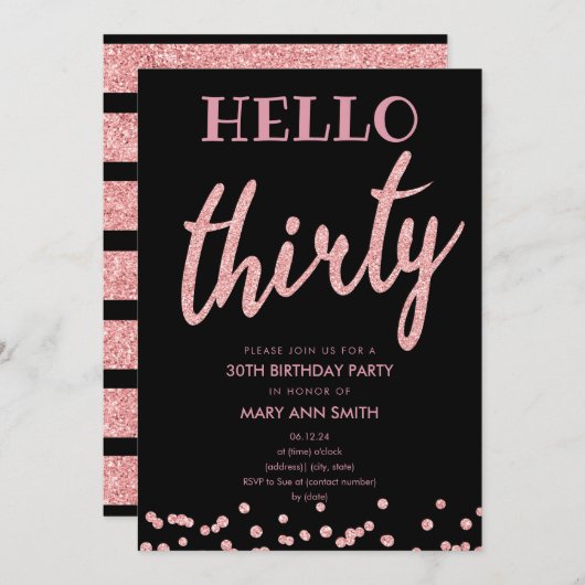 バラ金ゴールドグリッター「ハローサーティーン」誕生日パーティー 招待状 (正面/裏面)