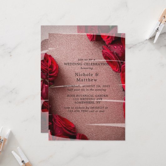 バラ金ゴールドグリッター&レッドローズ結婚ズお祝い 招待状 (正面/裏面インサイチュ)