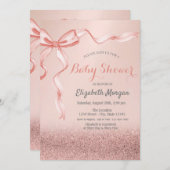 バラ金ゴールドグリッター《写真》ぼけ味、リボン赤ちゃんシャワー 招待状 (正面/裏面)