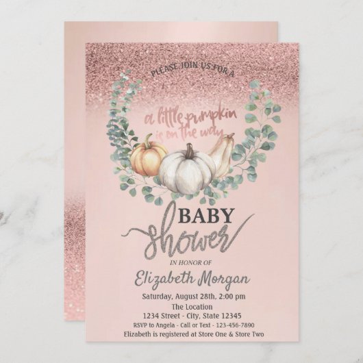 バラ金ゴールドグリッター《写真》ぼけ味、葉パンプキンベビーシャワー 招待状 (正面/裏面)