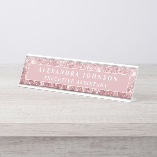 バラ金ゴールドグリッター |赤面ピンクスパークルモダン デスクネームプレート (正面)