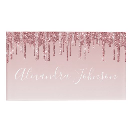 バラ金ゴールドグリッター |赤面ピンクスパークルモダン 名札 (正面)