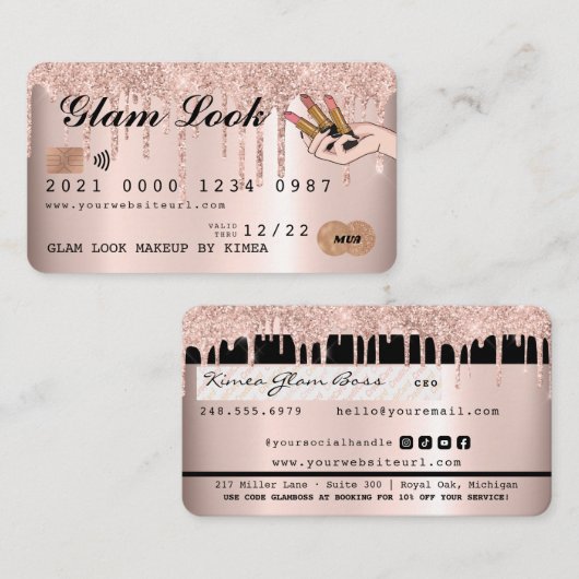 バラ金ゴールドグリッターMUA美しいサロンクレジットカード 名刺 (正面/裏面)