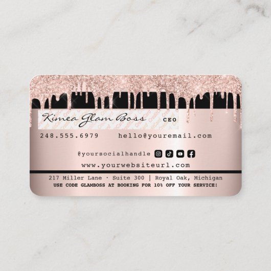 バラ金ゴールドグリッターMUA美しいサロンクレジットカード 名刺 (裏面)