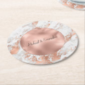 バラ金ゴールドグリッツホワイトマーブル結婚ズ ラウンドペーパーコースター (アングル)