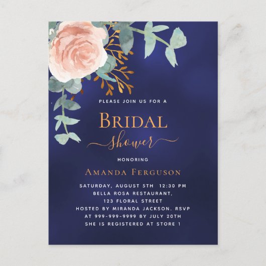 バラ金ゴールドグリーンネイビーブルーブライダルシャワー インビテーションポストカード (正面)