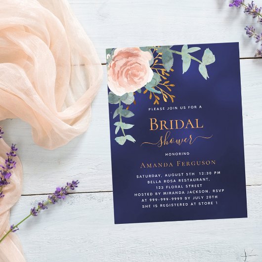 バラ金ゴールドグリーンネイビーブルーブライダルシャワー インビテーションポストカード