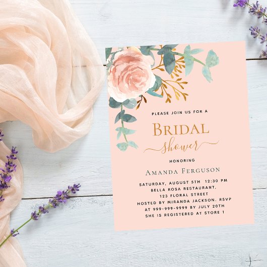 バラ金ゴールドグリーンピーチブライダルシャワー インビテーションポストカード