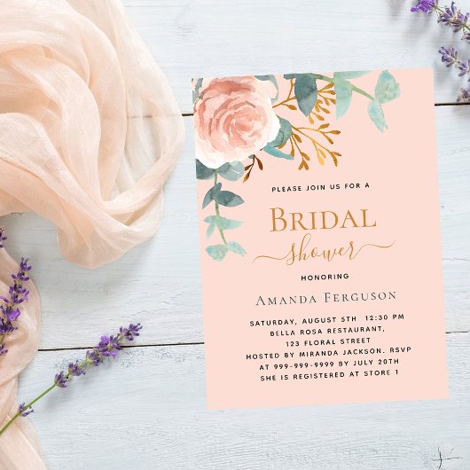 バラ金ゴールドグリーンリーピーチラグジュアリーブライダルシャワー 招待状