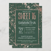バラ金ゴールドグリーン絵を描（ばちゃばちゃ）跳ねるスイート16 招待状 (正面/裏面)