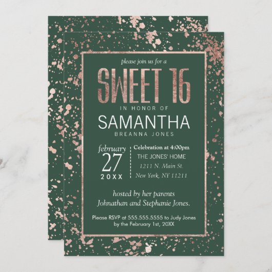 バラ金ゴールドグリーン絵を描（ばちゃばちゃ）跳ねるスイート16 招待状 (正面/裏面)