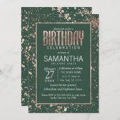 バラ金ゴールドグリーン絵を描（ばちゃばちゃ）跳ねる誕生日パーティー 招待状 (正面/裏面)