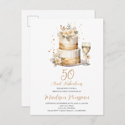 バラ金ゴールドケーキシャンパン50誕生日 インビテーションポストカード (正面/裏面)