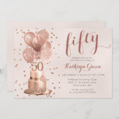 バラ金ゴールドケーキ50番目の誕生日招待状 招待状 (正面/裏面)