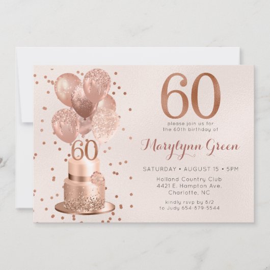 バラ金ゴールドケーキ60誕生日 招待状 (正面)