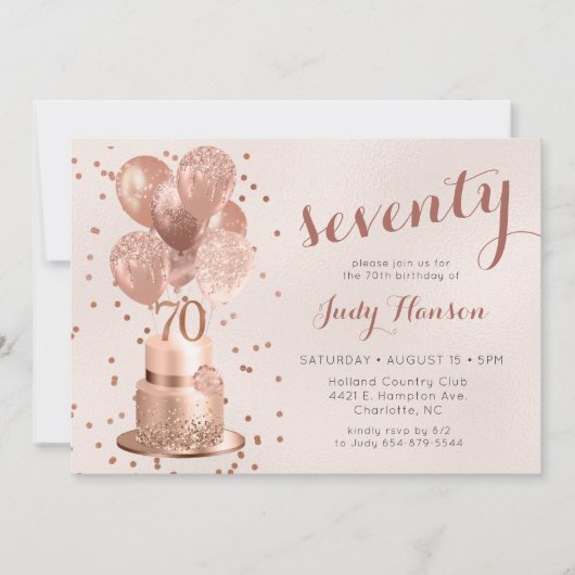 バラ金ゴールドケーキ70番目の誕生日招待状 招待状 (正面)