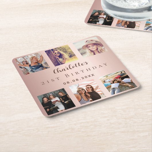 バラ金ゴールドコラージュ誕生日パーティー スクエアペーパーコースター (アングル)