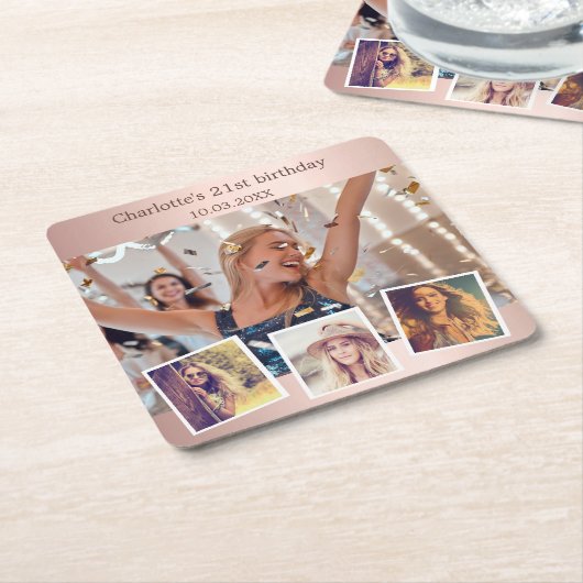 バラ金ゴールドコラージュ誕生日パーティー スクエアペーパーコースター (アングル)