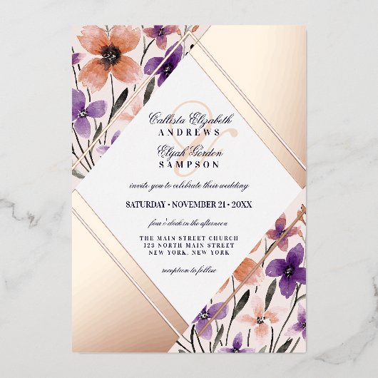 バラ金ゴールドコーラルバイオレットフラワーウォーター結婚カラー 箔招待状 (正面)
