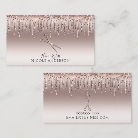 バラ金ゴールドサロン美容師シザーズピンクグリッター 名刺 (正面/裏面)
