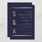 バラ金ゴールドシックなネイビーブルー幾何ストライプ幾何結婚 招待状 (正面/裏面)