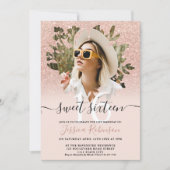 バラ金ゴールドシックグリッターグラデーションフォトフローラスウィート16 招待状 (正面)