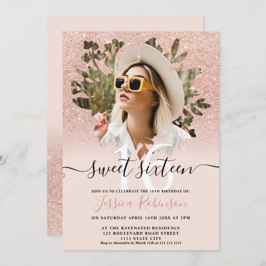 バラ金ゴールドシックグリッターグラデーションフォトフローラスウィート16 招待状 (正面/裏面)