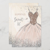 バラ金ゴールドシルバースパークルドレススウィート16誕生日 招待状 (正面/裏面)