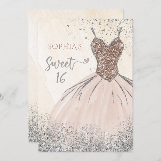 バラ金ゴールドシルバースパークルドレススウィート16誕生日 招待状 (正面/裏面)