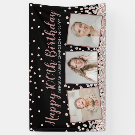 バラ金ゴールドシルバーフォトコラージュ100誕生日 横断幕 (縦)