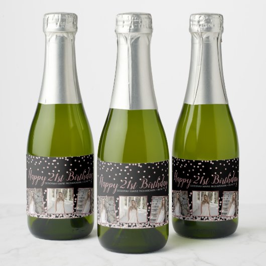 バラ金ゴールドシルバーフォトコラージュ21歳の誕生日 スパークリングワインラベル (ボトル)