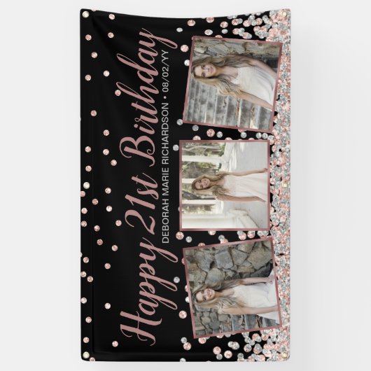 バラ金ゴールドシルバーフォトコラージュ21歳の誕生日 横断幕 (縦)