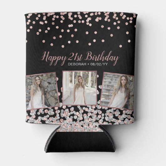 バラ金ゴールドシルバーフォトコラージュ21歳の誕生日 缶クーラー (正面)