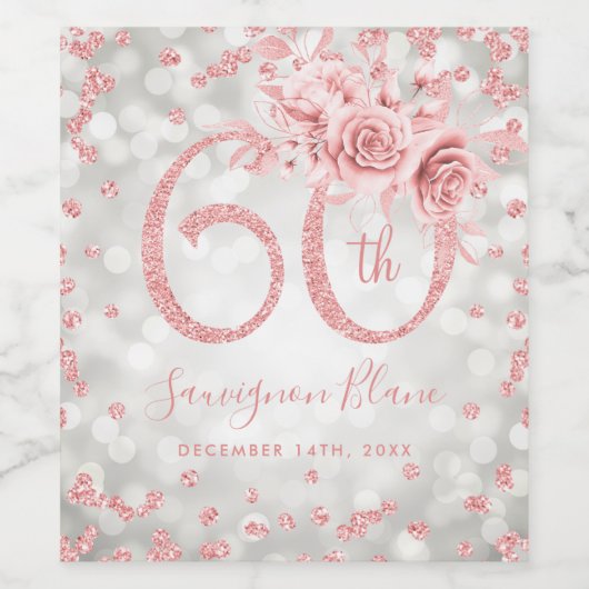 バラ金ゴールドシルバー60th誕生日フローラグラムライト ワインラベル (シングルラベル)