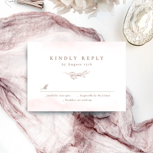 バラ金ゴールドシンプルエレガンス葉ボタン結婚ズ 出欠カード