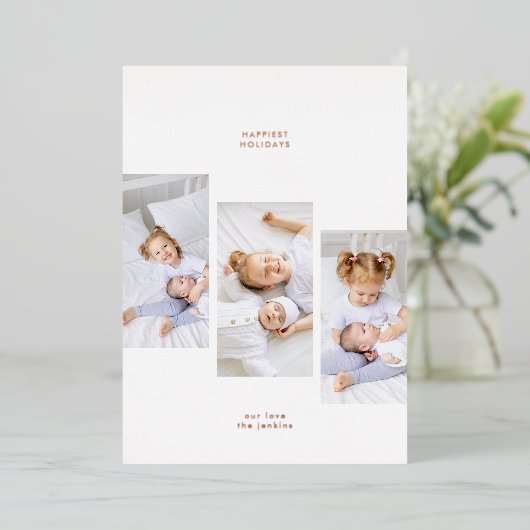 バラ金ゴールドシンプルクリスマス3フォトフレーム 箔シーズンカード (立ち正面)