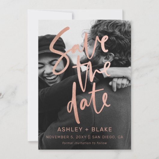 バラ金ゴールドシンプル手書き書道写真 セーブザデート (正面)