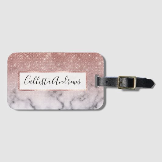 バラ金ゴールドシークイングリッターホワイトマーブルグラデーション ラゲッジタグ (正面横)